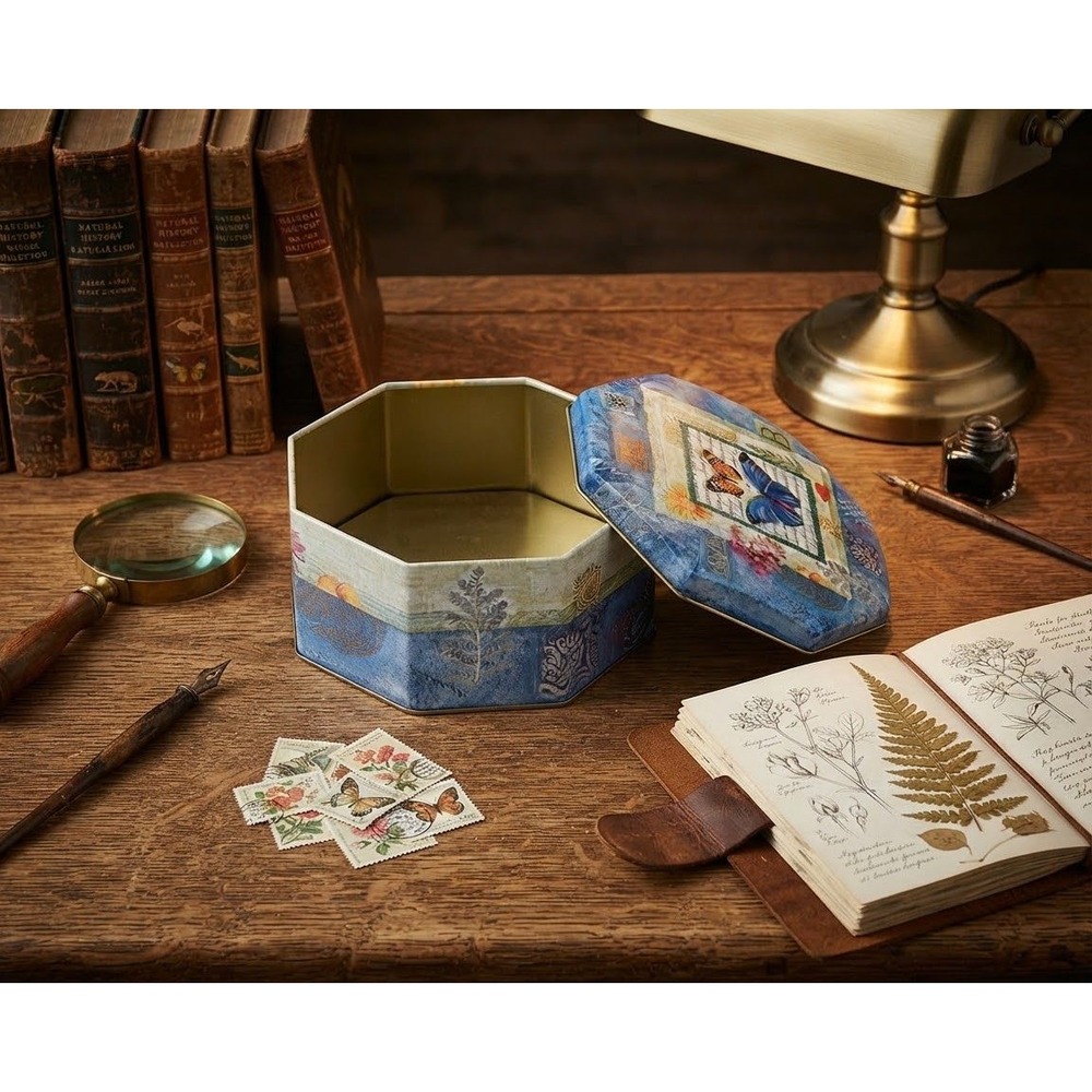 Giftco Inc Butterfly Botanical Octagon Decorative Tin Blue Gold Storage Box